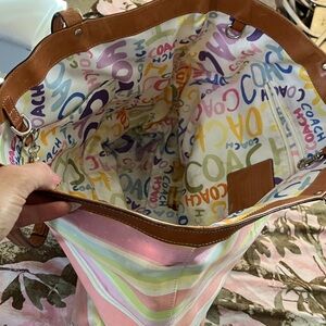 Coach Striped Pastel Tote Bag with Brown Handles